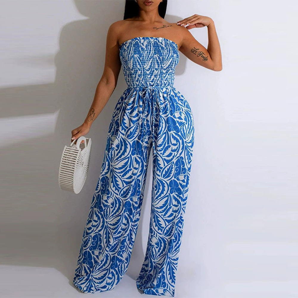 H&M Summer Fashion Print Strapless Waist Cinched Backless Wide Leg Jumpsuit
